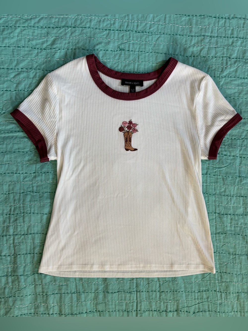 Moon & Stars XL Embroidered Cowboy Boot Full of Flowers Ribbed Baby Doll Tee